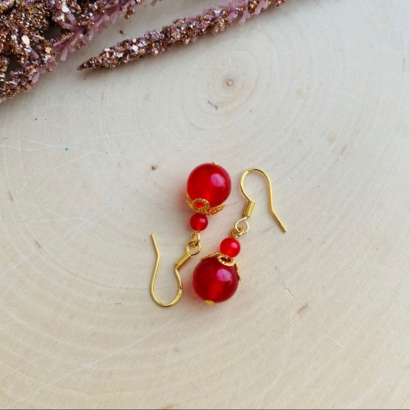 Red Jade Gold Drop Earrings - Picture 6 of 7